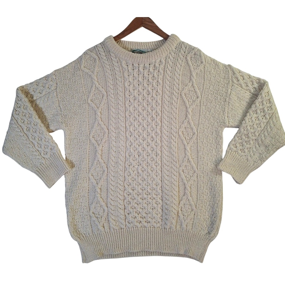Aran Crafts Sweater Women's Large Beige Fisherman Merino Wool Crew Neck Ireland